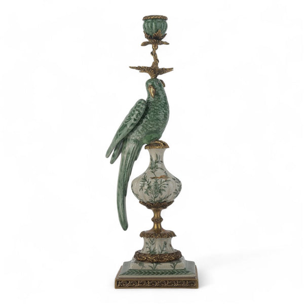 Danny's Fine Porcelain Parrot Candle Holder with Bronze Ormolu- Verdant Flight (left) -Each