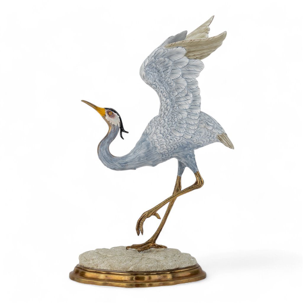 Danny's Fine Porcelain Blue Heron in Flight Figureine with Bronze Ormolu in Bird Figure