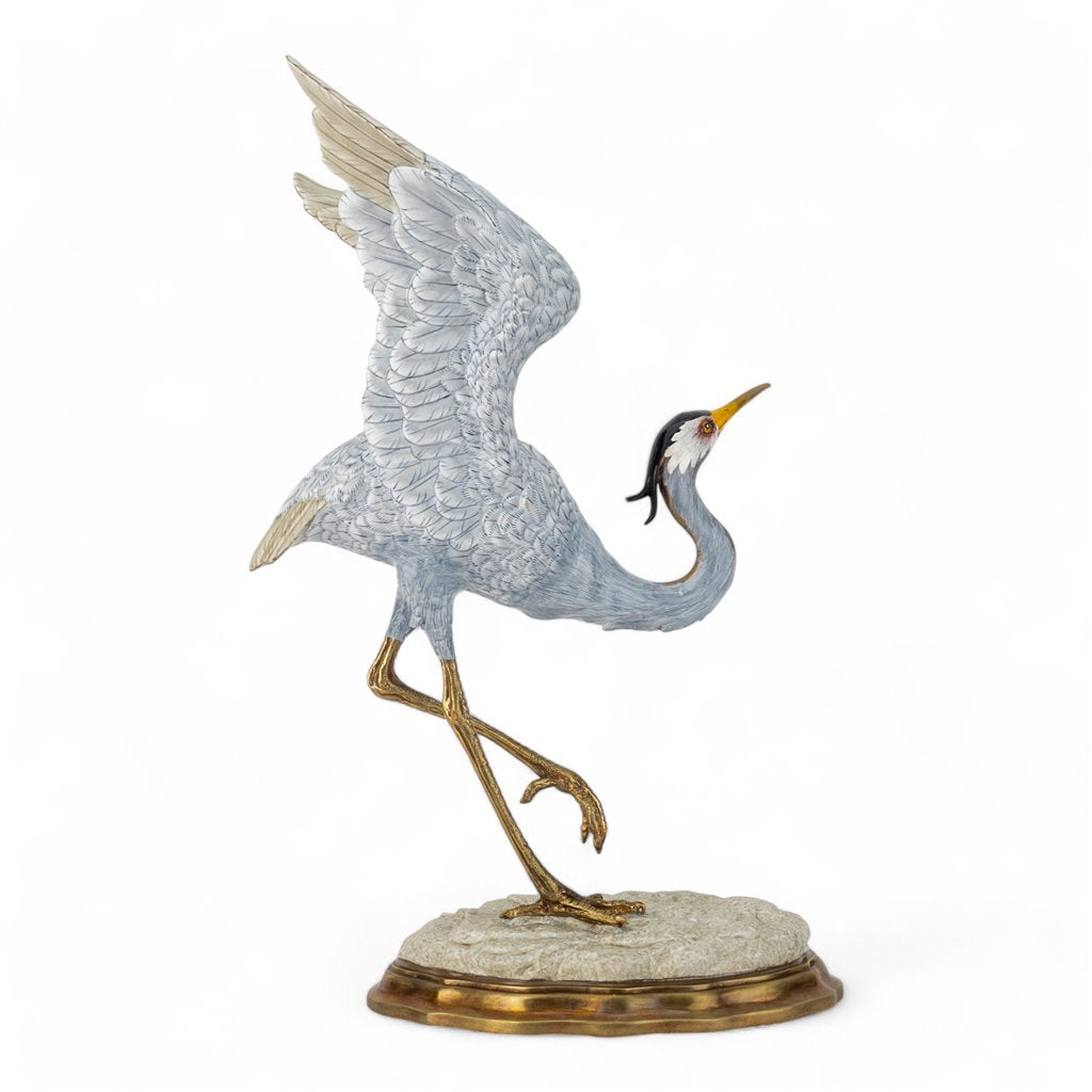 Danny's Fine Porcelain Blue Heron in Flight Figureine with Bronze Ormolu in Bird Figure