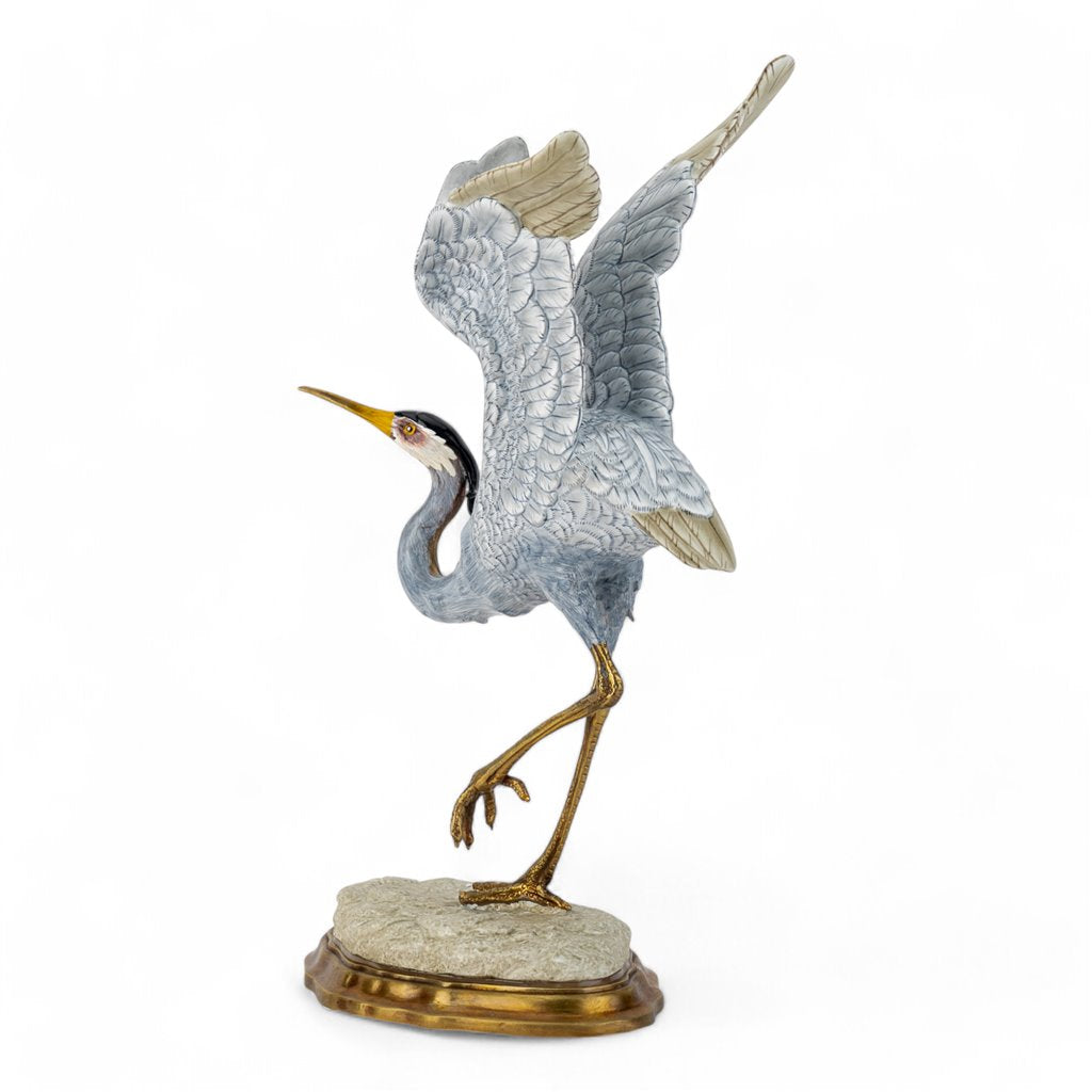 Danny's Fine Porcelain Blue Heron in Flight Figureine with Bronze Ormolu in Bird Figure