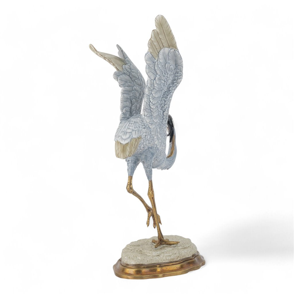 Danny's Fine Porcelain Blue Heron in Flight Figureine with Bronze Ormolu in Bird Figure