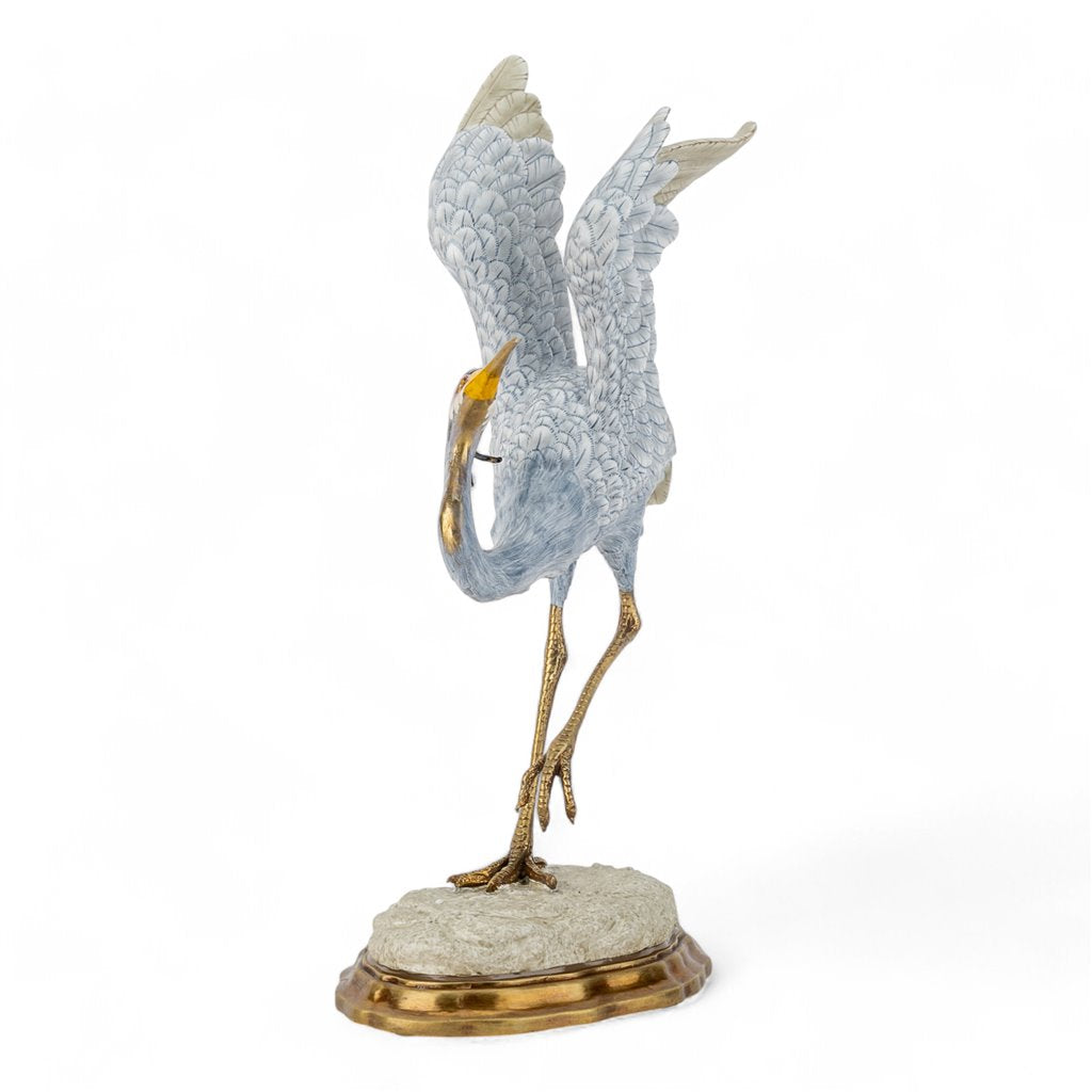 Danny's Fine Porcelain Blue Heron in Flight Figureine with Bronze Ormolu in Bird Figure