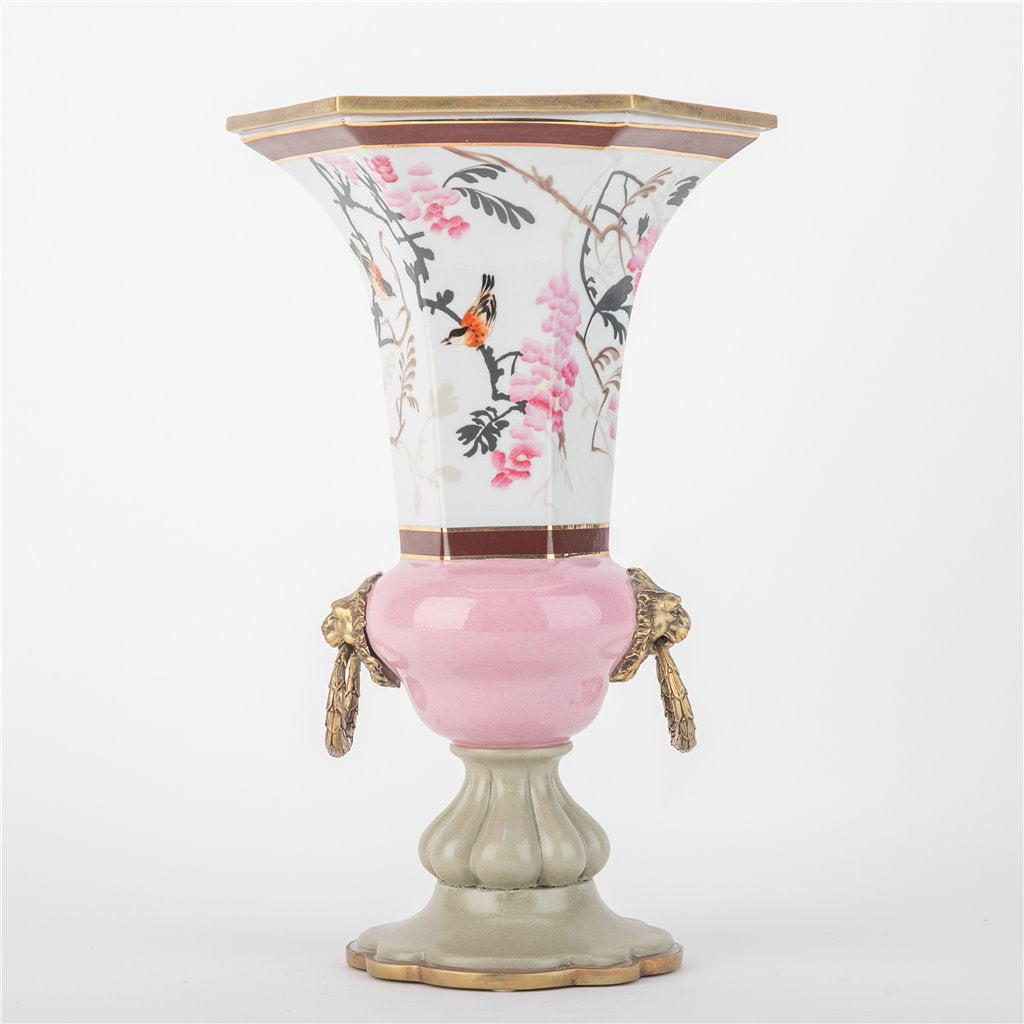 Danny's Fine Porcelain Hexagon Vase with Bronze Ormolu in Pastel Poetic Bird Collection