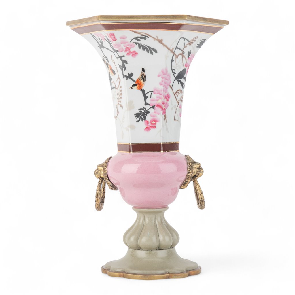 Danny's Fine Porcelain Hexagon Vase with Bronze Ormolu in Pastel Poetic Bird Collection