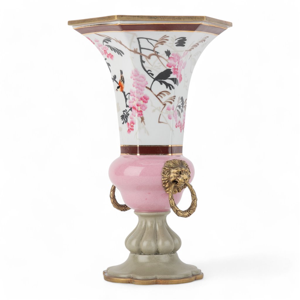 Danny's Fine Porcelain Hexagon Vase with Bronze Ormolu in Pastel Poetic Bird Collection