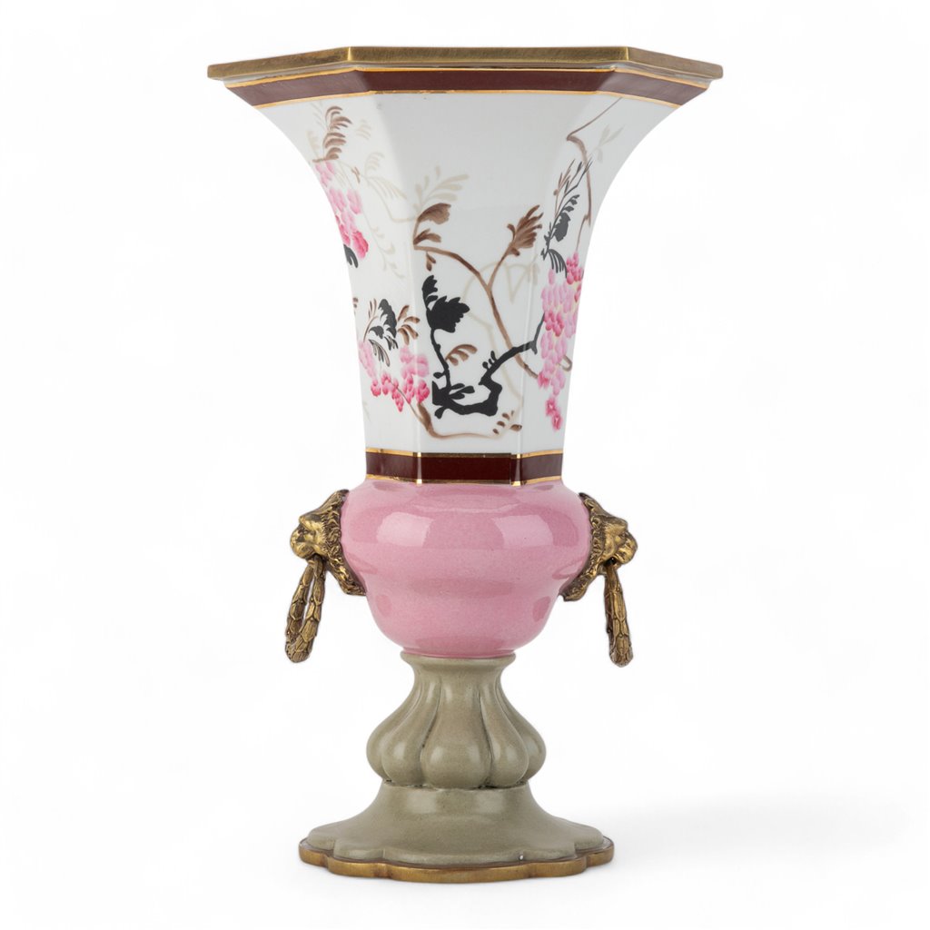 Danny's Fine Porcelain Hexagon Vase with Bronze Ormolu in Pastel Poetic Bird Collection