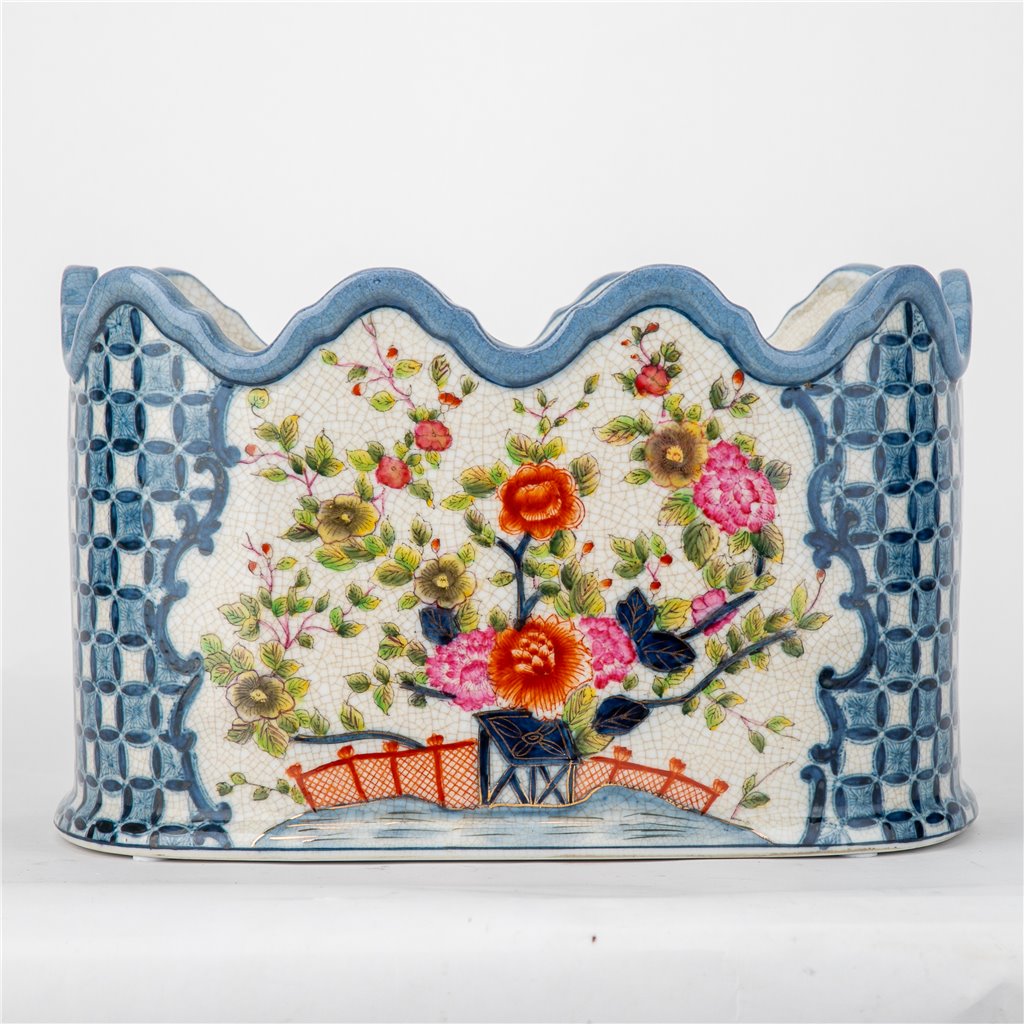 Danny's Fine Porcelain Scalloped Basin with Multicolor Florals in Blue Lattice - Garden
