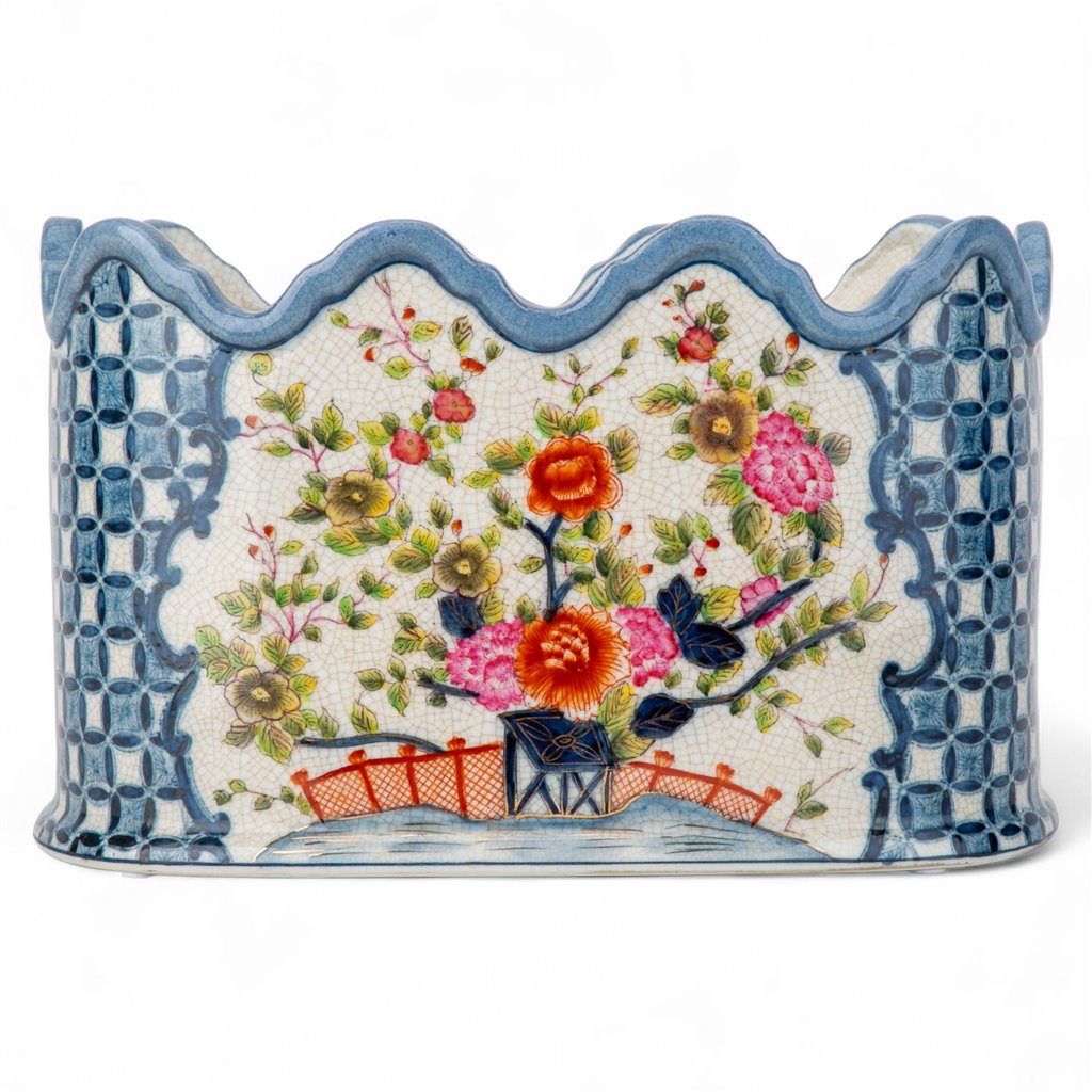 Danny's Fine Porcelain Scalloped Basin with Multicolor Florals in Blue Lattice - Garden