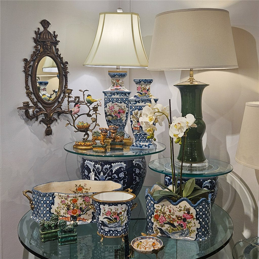 Danny's Fine Porcelain Scalloped Basin with Multicolor Florals in Blue Lattice - Garden