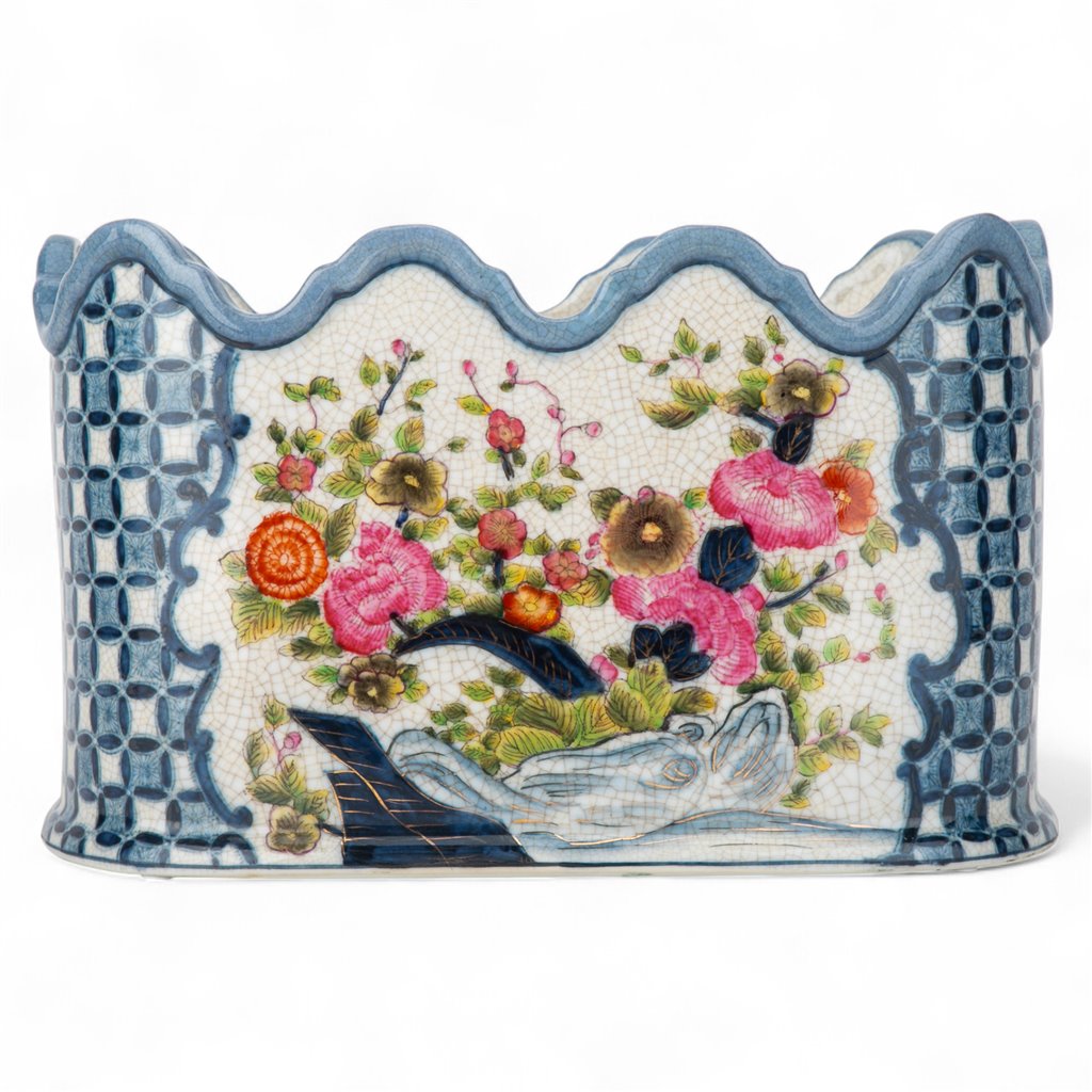 Danny's Fine Porcelain Scalloped Basin with Multicolor Florals in Blue Lattice - Garden