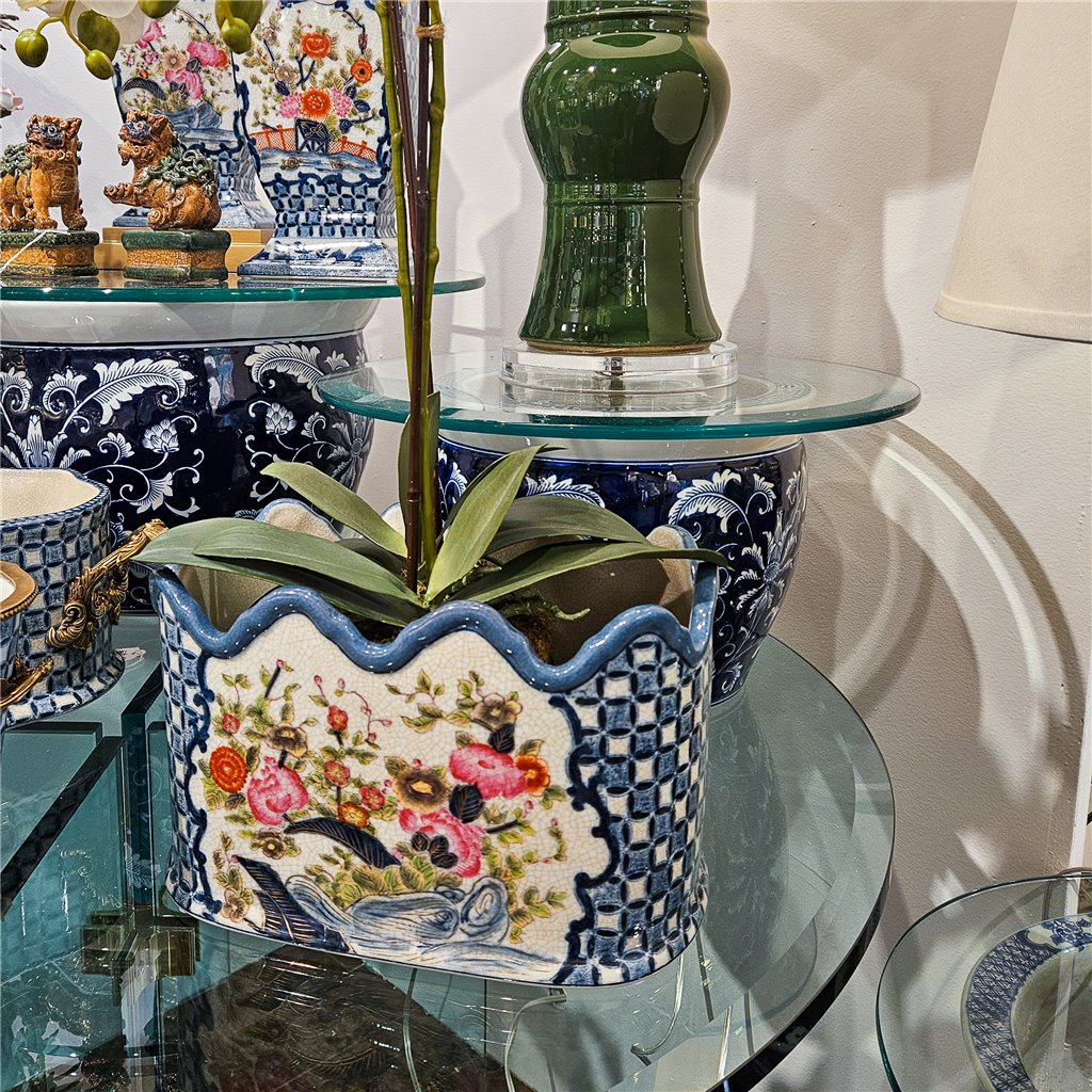 Danny's Fine Porcelain Scalloped Basin with Multicolor Florals in Blue Lattice - Garden