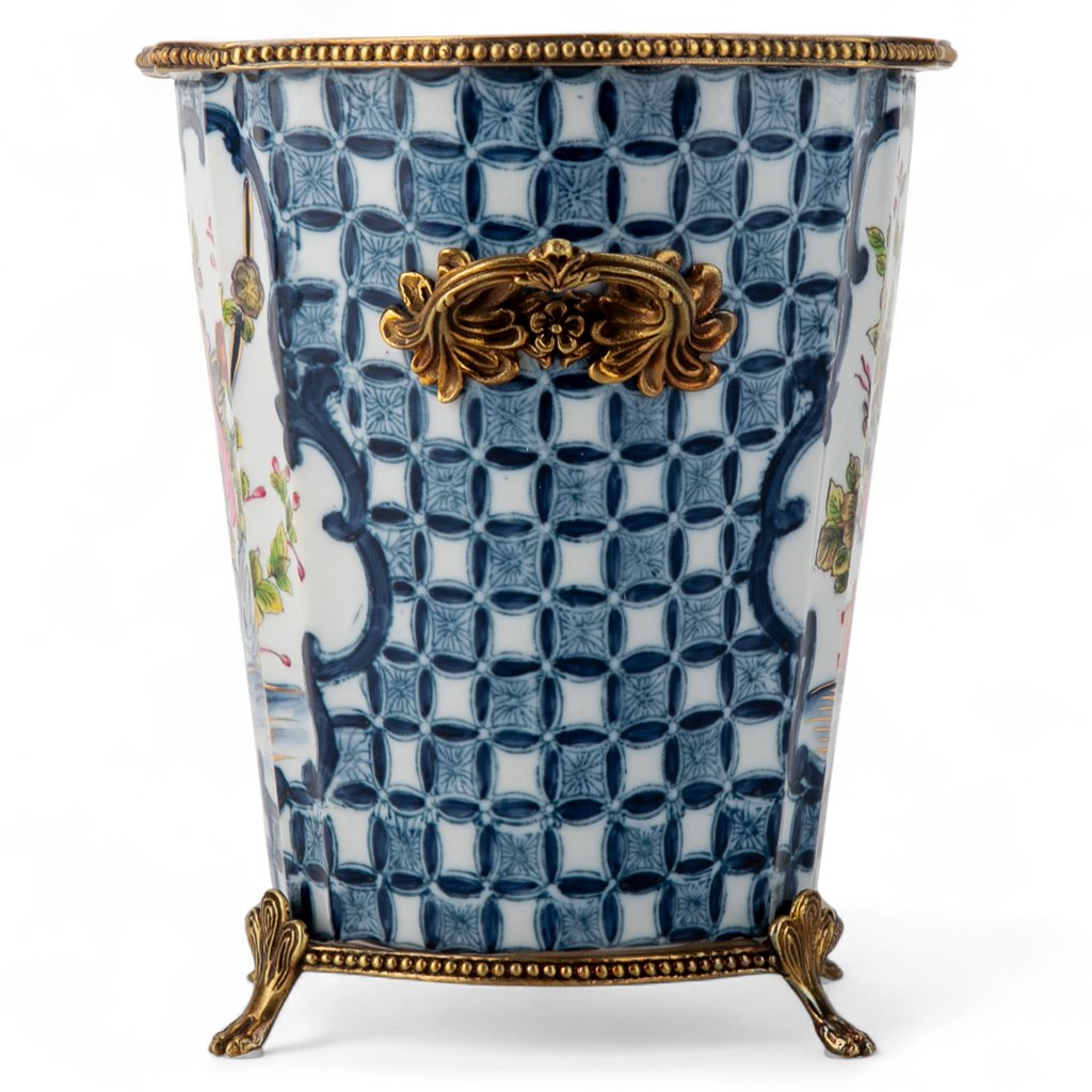 Danny's Fine Porcelain Oval Cachepot with Multicolor Florals in Blue Lattice with Bronze