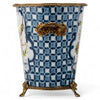 Danny's Fine Porcelain Oval Cachepot with Multicolor Florals in Blue Lattice with Bronze
