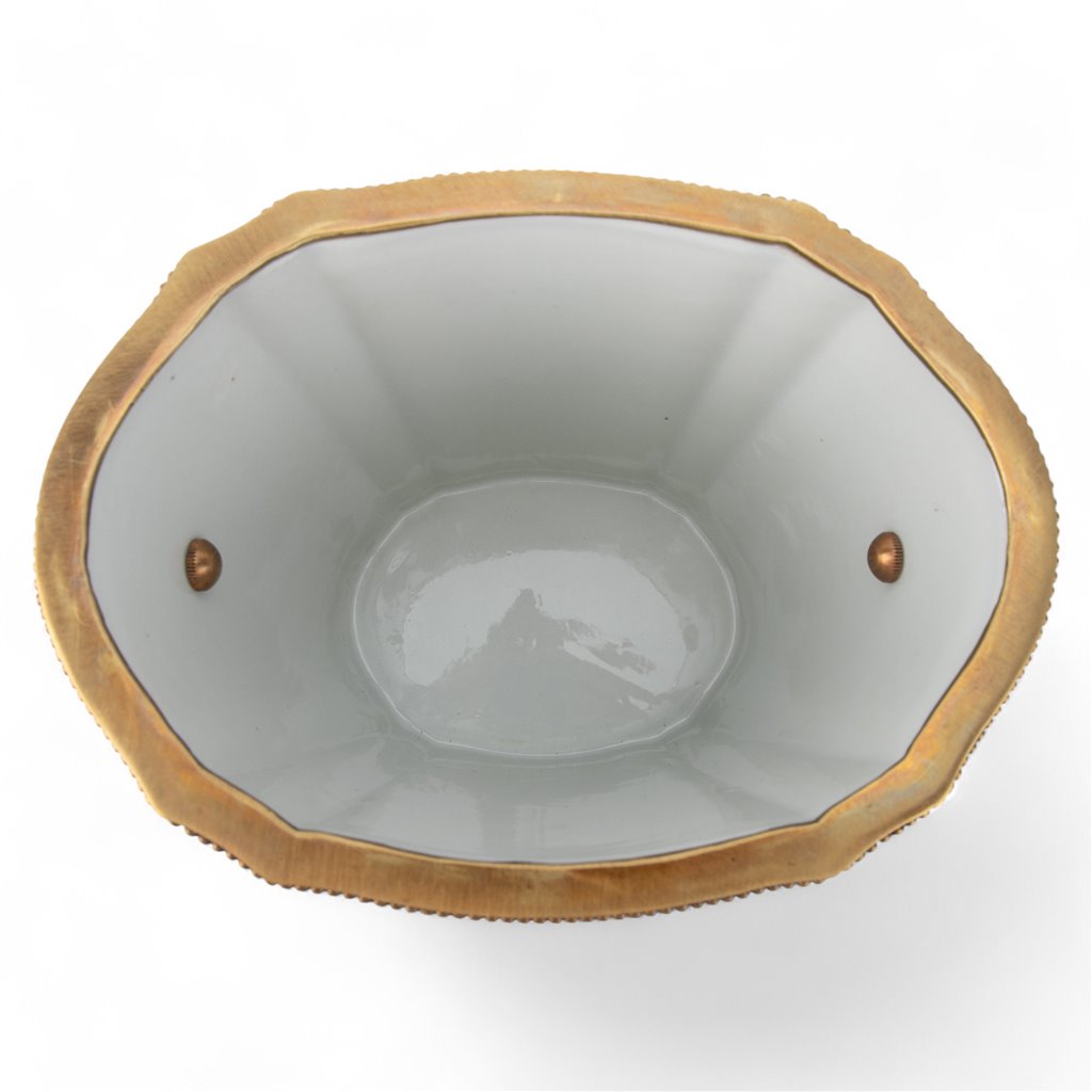 Danny's Fine Porcelain Oval Cachepot with Multicolor Florals in Blue Lattice with Bronze