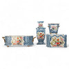 Danny's Fine Porcelain Oval Cachepot with Multicolor Florals in Blue Lattice with Bronze