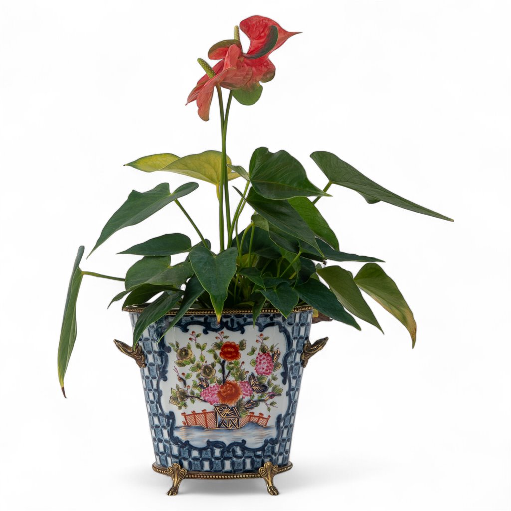 Danny's Fine Porcelain Oval Cachepot with Multicolor Florals in Blue Lattice with Bronze