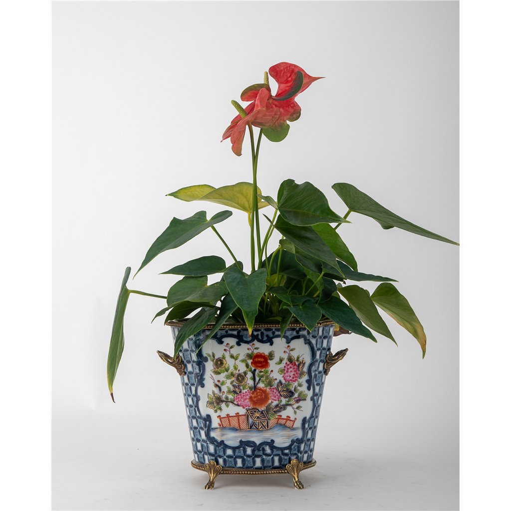 Danny's Fine Porcelain Oval Cachepot with Multicolor Florals in Blue Lattice with Bronze