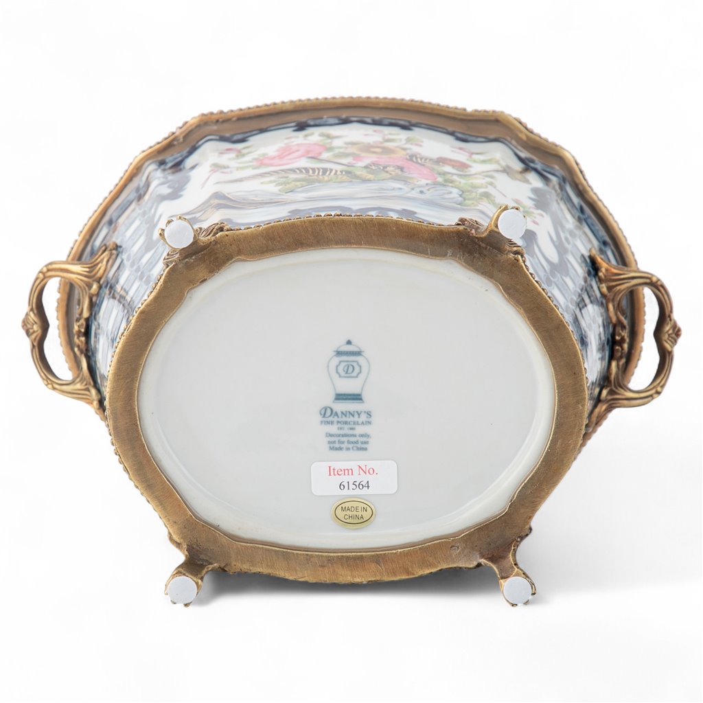 Danny's Fine Porcelain Oval Cachepot with Multicolor Florals in Blue Lattice with Bronze