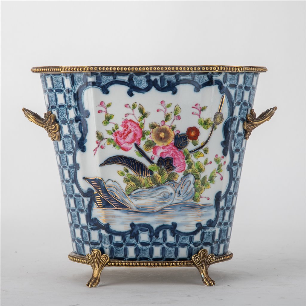 Danny's Fine Porcelain Oval Cachepot with Multicolor Florals in Blue Lattice with Bronze