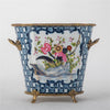 Danny's Fine Porcelain Oval Cachepot with Multicolor Florals in Blue Lattice with Bronze