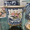 Danny's Fine Porcelain Oval Cachepot with Multicolor Florals in Blue Lattice with Bronze