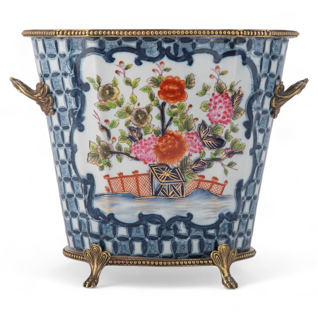 Danny's Fine Porcelain Oval Cachepot with Multicolor Florals in Blue Lattice with Bronze