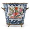 Danny's Fine Porcelain Oval Cachepot with Multicolor Florals in Blue Lattice with Bronze