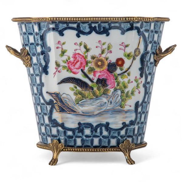 Danny's Fine Porcelain Oval Cachepot with Multicolor Florals in Blue Lattice with Bronze
