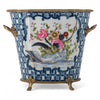 Danny's Fine Porcelain Oval Cachepot with Multicolor Florals in Blue Lattice with Bronze