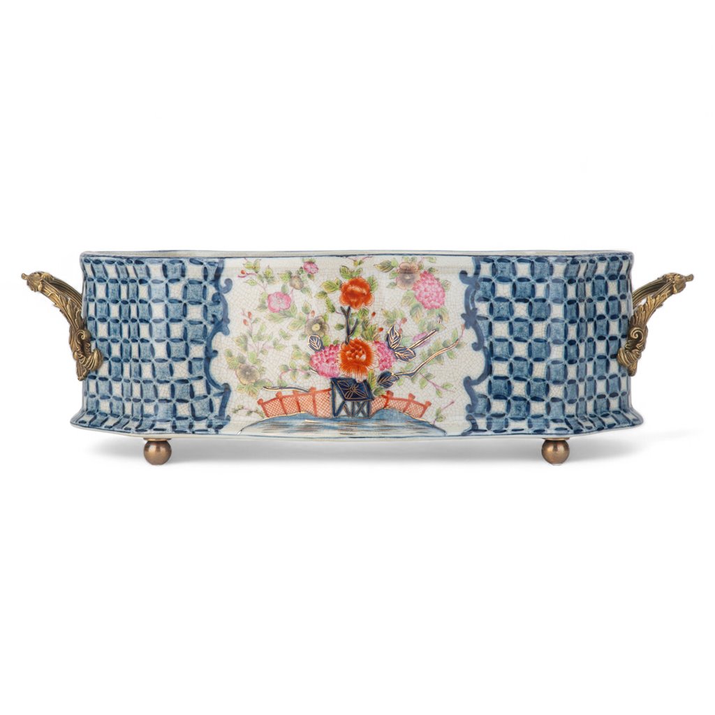 Danny's Fine Porcelain Oblong Scalloped Basin with Multicolor Floral in Blue Lattice with