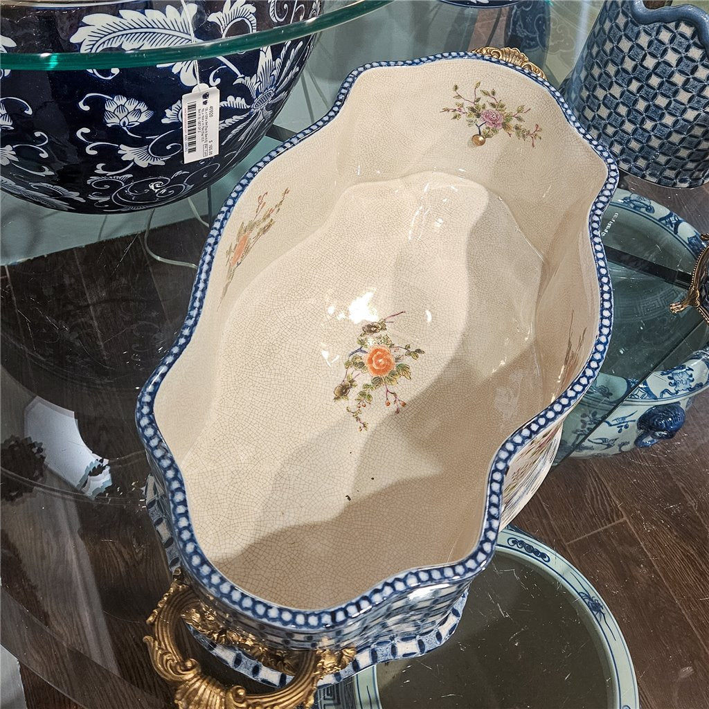 Danny's Fine Porcelain Oblong Scalloped Basin with Multicolor Floral in Blue Lattice with
