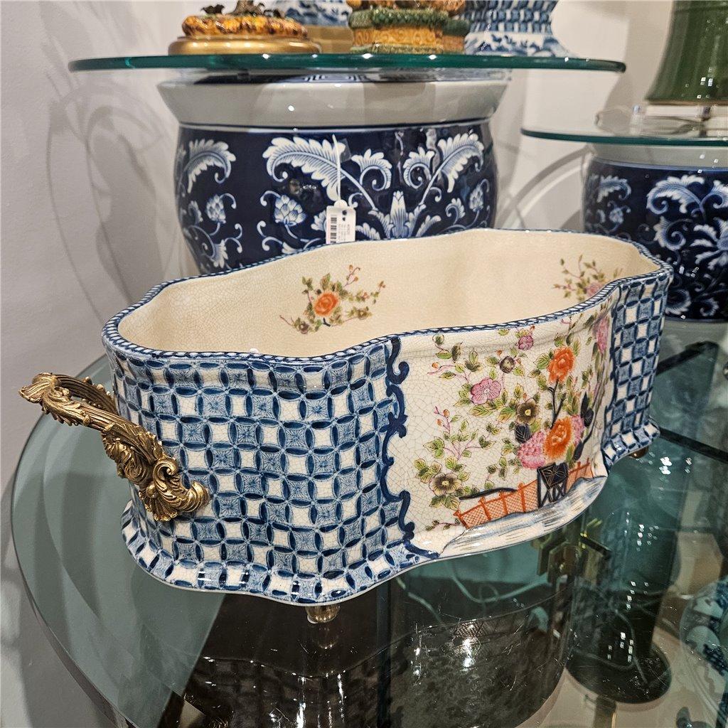 Danny's Fine Porcelain Oblong Scalloped Basin with Multicolor Floral in Blue Lattice with