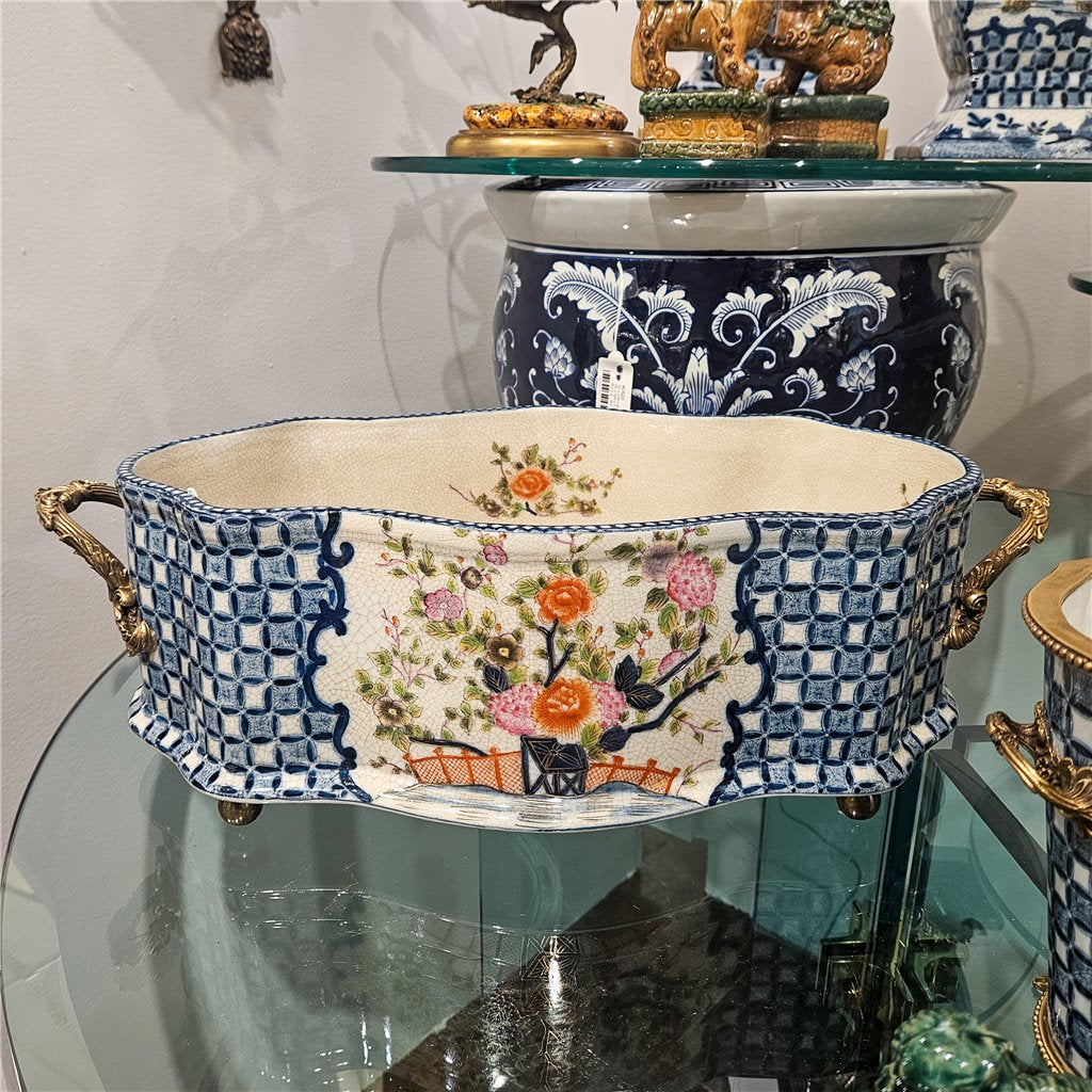 Danny's Fine Porcelain Oblong Scalloped Basin with Multicolor Floral in Blue Lattice with