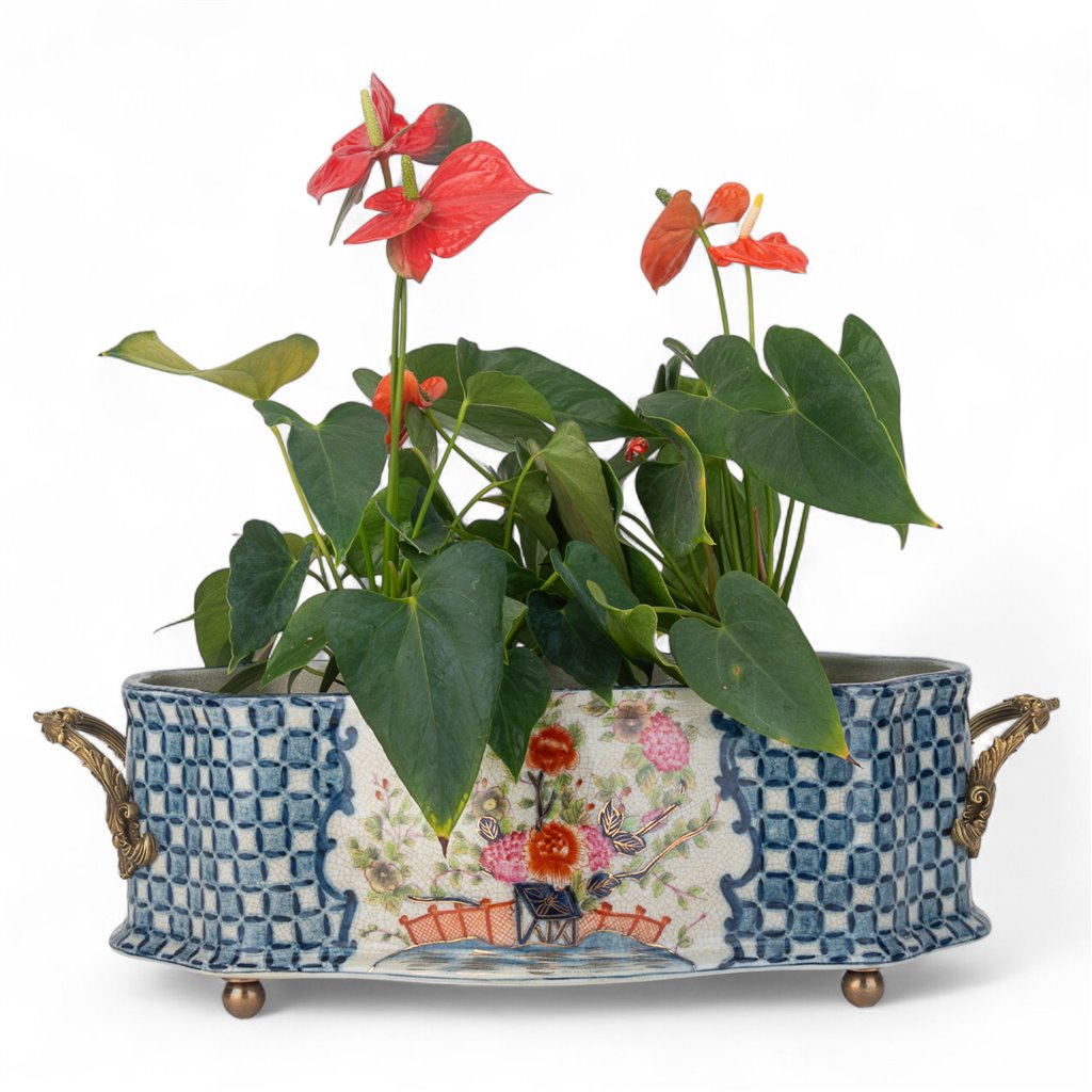 Danny's Fine Porcelain Oblong Scalloped Basin with Multicolor Floral in Blue Lattice with