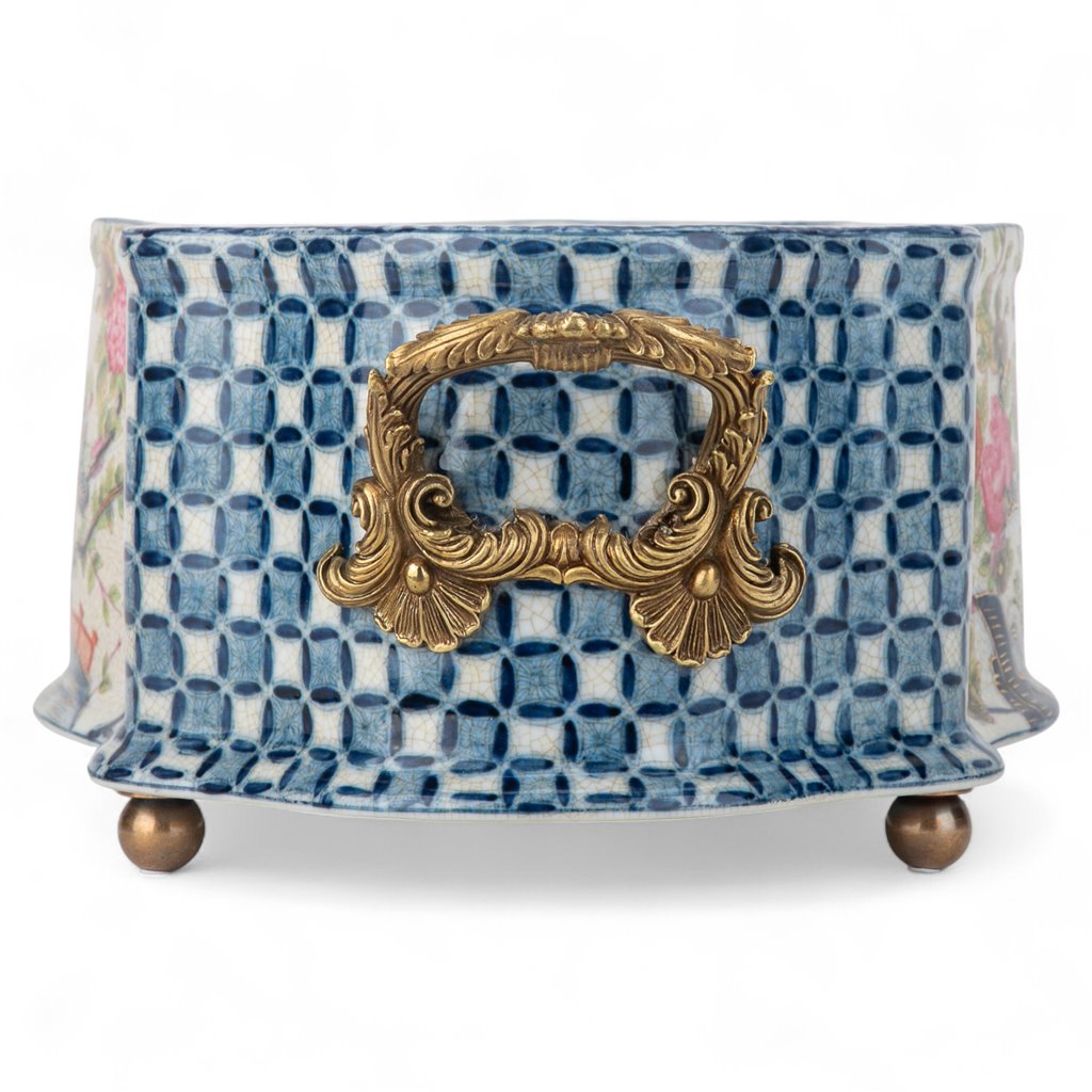 Danny's Fine Porcelain Oblong Scalloped Basin with Multicolor Floral in Blue Lattice with