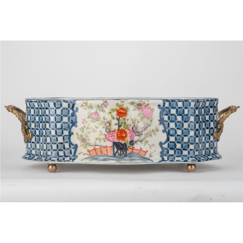 Danny's Fine Porcelain Oblong Scalloped Basin with Multicolor Floral in Blue Lattice with