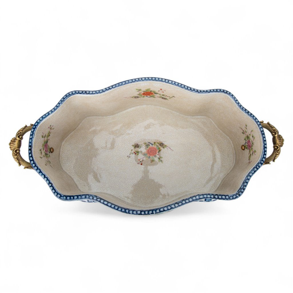 Danny's Fine Porcelain Oblong Scalloped Basin with Multicolor Floral in Blue Lattice with