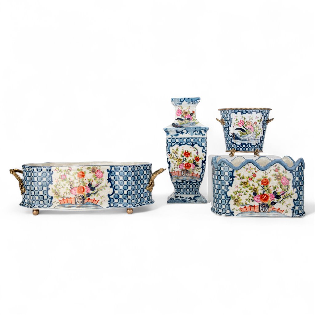 Danny's Fine Porcelain Oblong Scalloped Basin with Multicolor Floral in Blue Lattice with