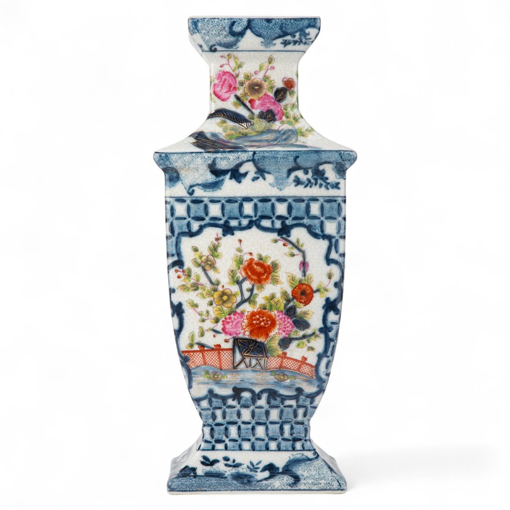 Danny's Fine Porcelain Rectangular Vase with Multicolor Florals in Blue Lattice - Garden
