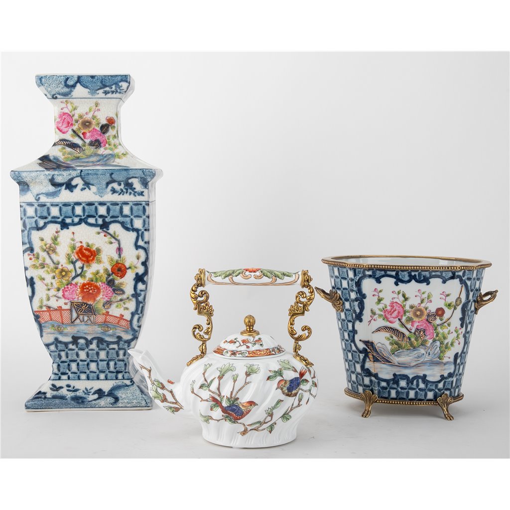 Danny's Fine Porcelain Rectangular Vase with Multicolor Florals in Blue Lattice - Garden