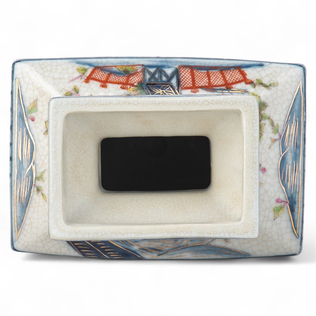 Danny's Fine Porcelain Rectangular Vase with Multicolor Florals in Blue Lattice - Garden