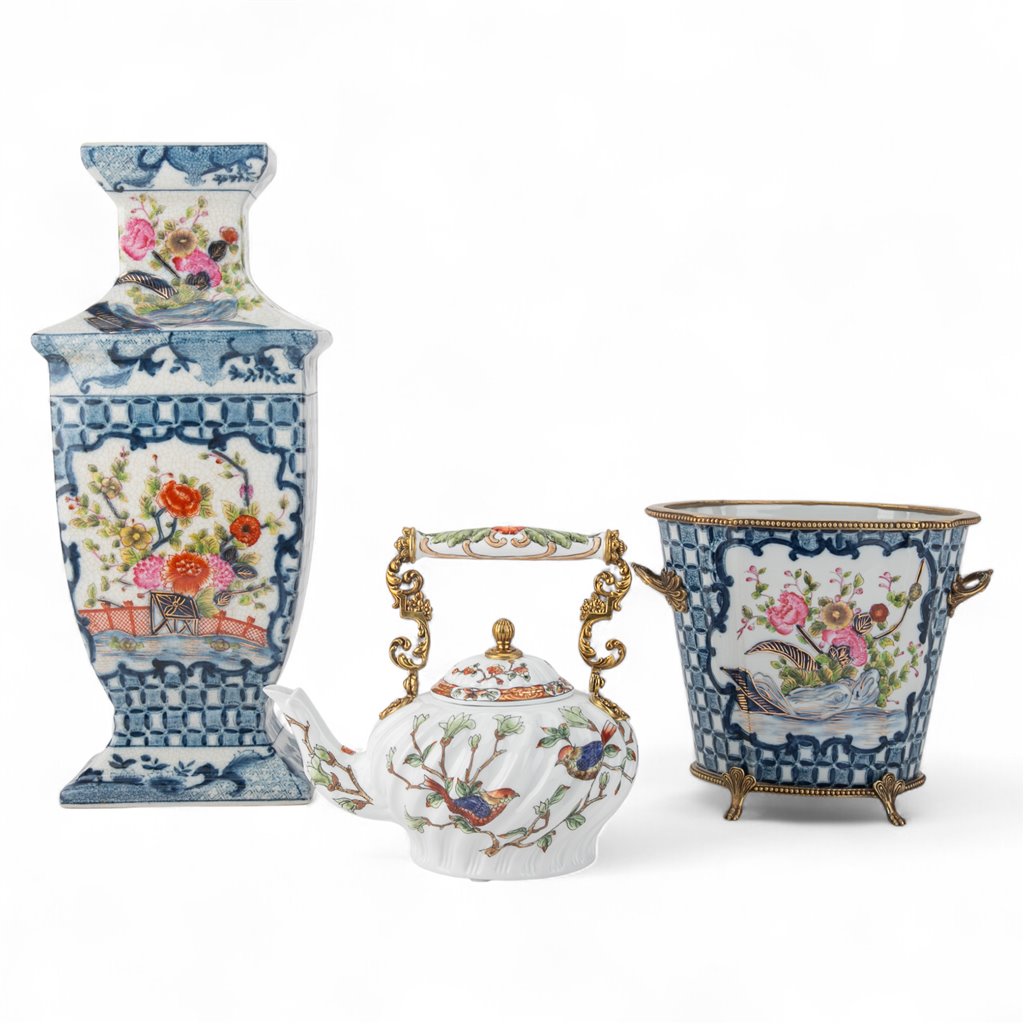 Danny's Fine Porcelain Rectangular Vase with Multicolor Florals in Blue Lattice - Garden