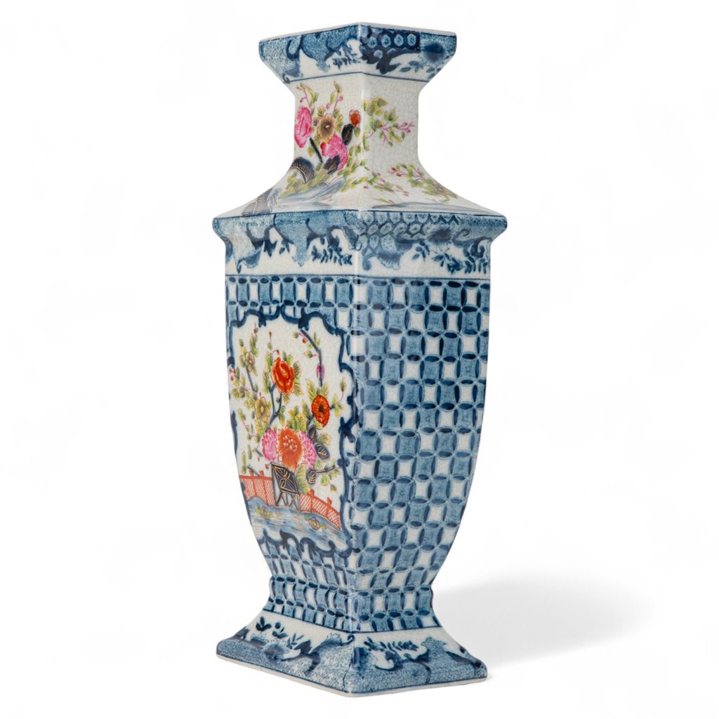 Danny's Fine Porcelain Rectangular Vase with Multicolor Florals in Blue Lattice - Garden