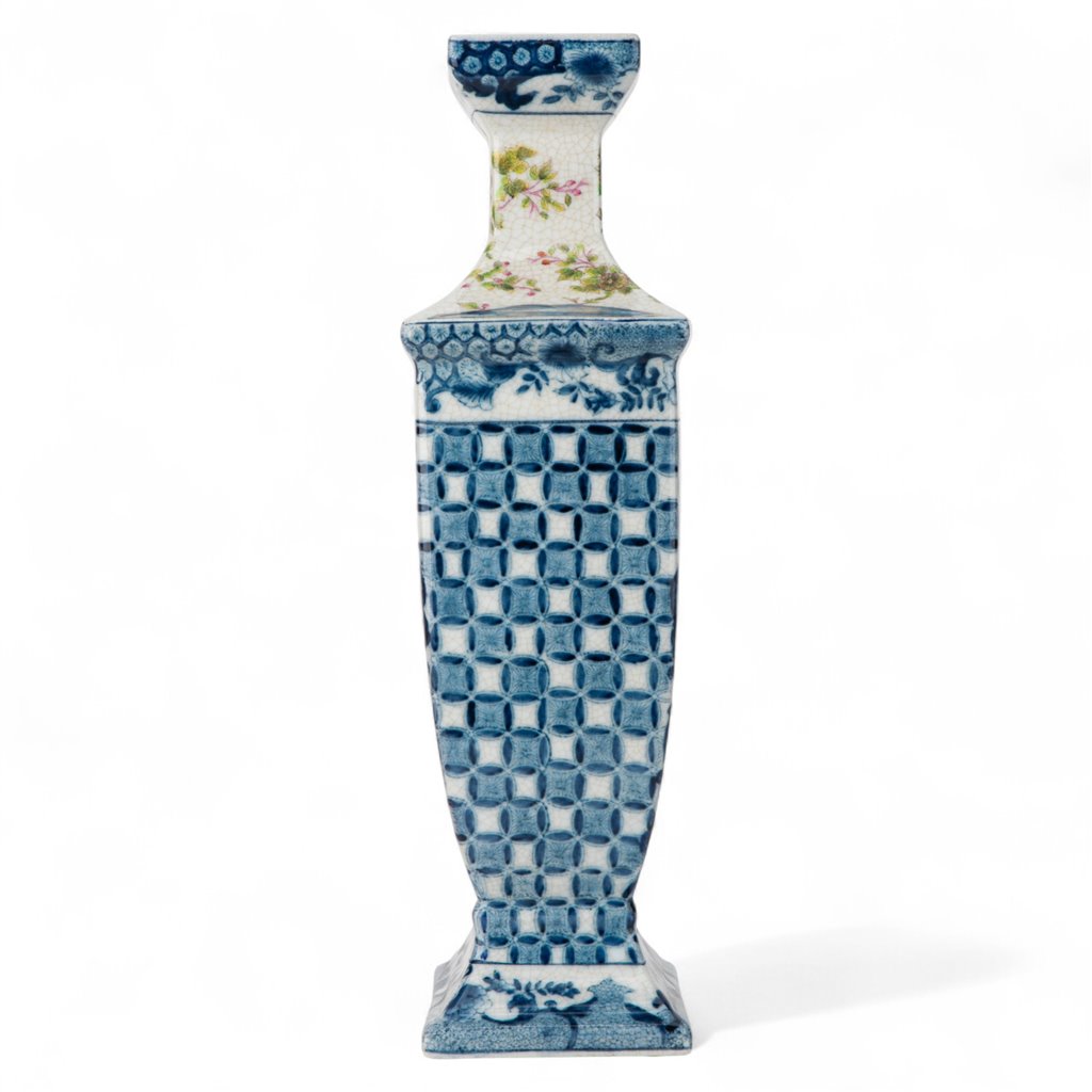 Danny's Fine Porcelain Rectangular Vase with Multicolor Florals in Blue Lattice - Garden