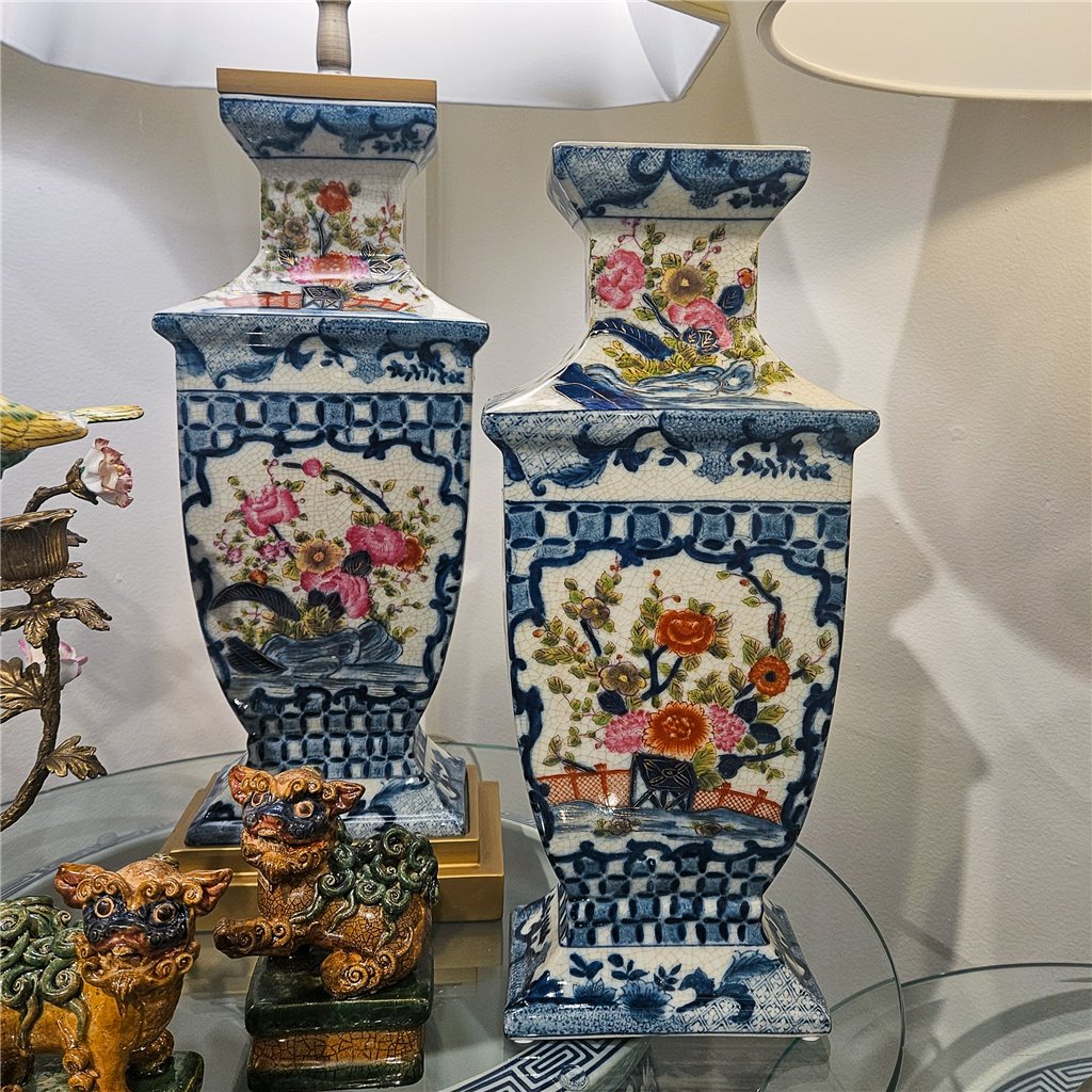 Danny's Fine Porcelain Rectangular Vase with Multicolor Florals in Blue Lattice - Garden