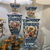 Danny's Fine Porcelain Rectangular Vase with Multicolor Florals in Blue Lattice - Garden