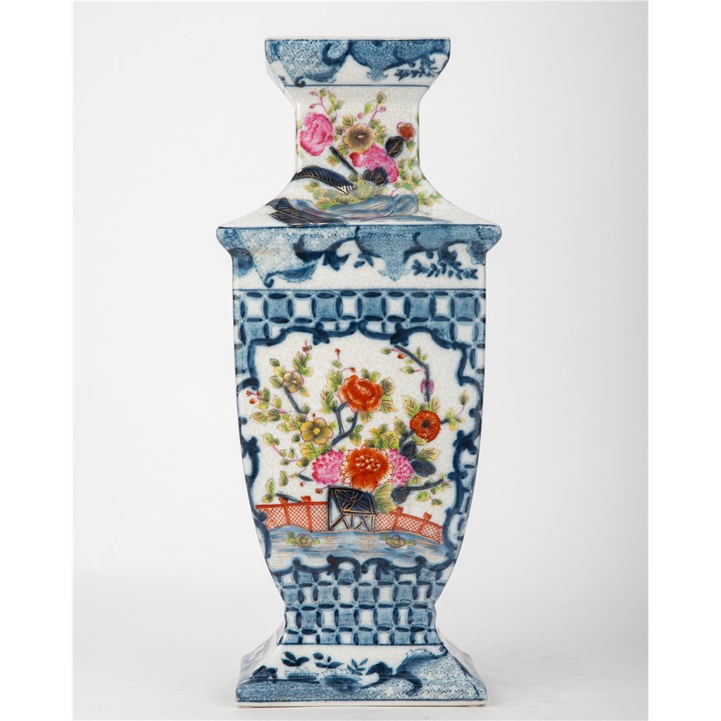 Danny's Fine Porcelain Rectangular Vase with Multicolor Florals in Blue Lattice - Garden