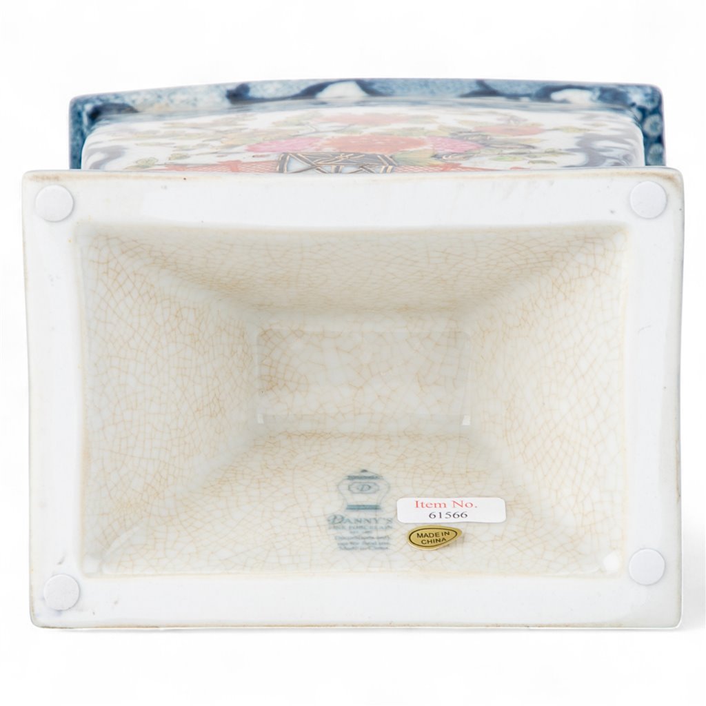 Danny's Fine Porcelain Rectangular Vase with Multicolor Florals in Blue Lattice - Garden