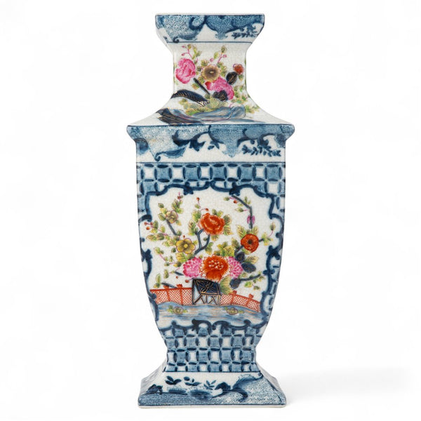 Danny's Fine Porcelain Rectangular Vase with Multicolor Florals in Blue Lattice - Garden