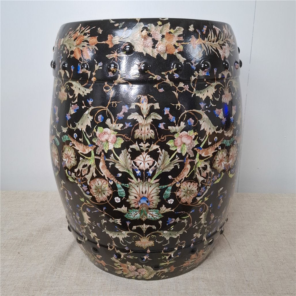 Danny's Fine Porcelain Black Floral Porcelain Garden Stool - CLOSEOUT